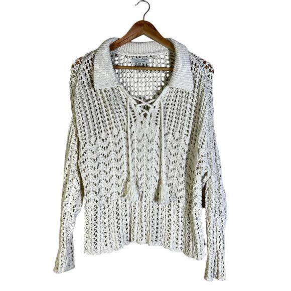 Aerie Crochet Knit Sweater Womens M Cream Lace Up V-Neck Boho Coastal Beachy - Picture 2 of 7